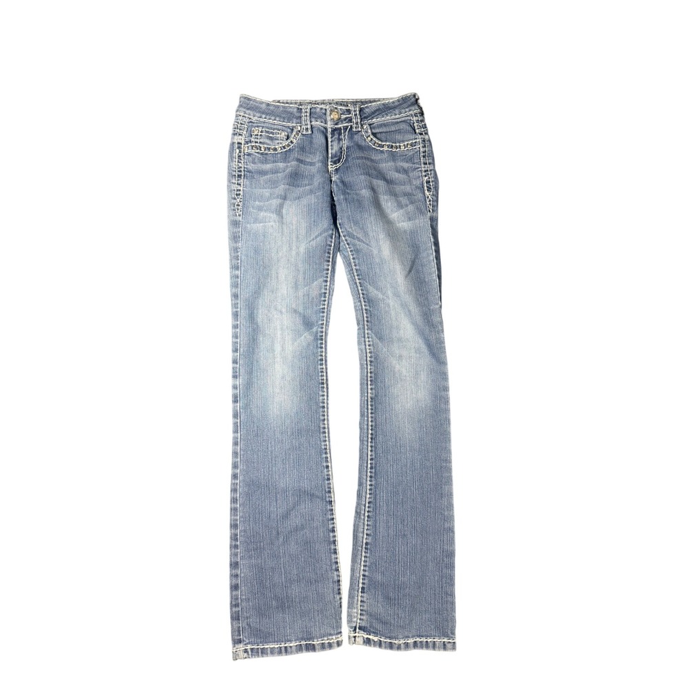 Miss Chic Y2K Bootcut Jeans Medium Wash Rhinestone Flap Pocket Denim 29x30